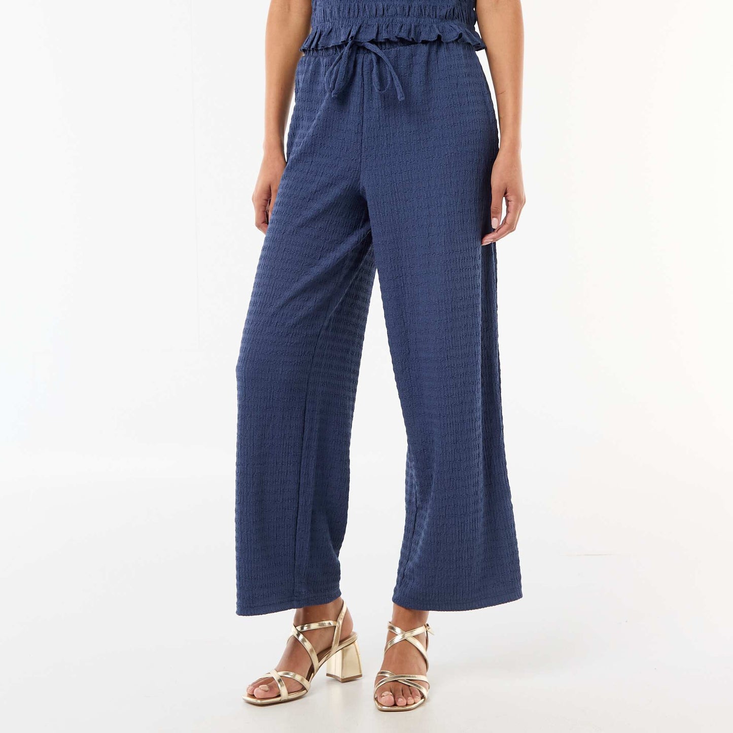 Smocked Knit Wide-Leg Trousers BLUE