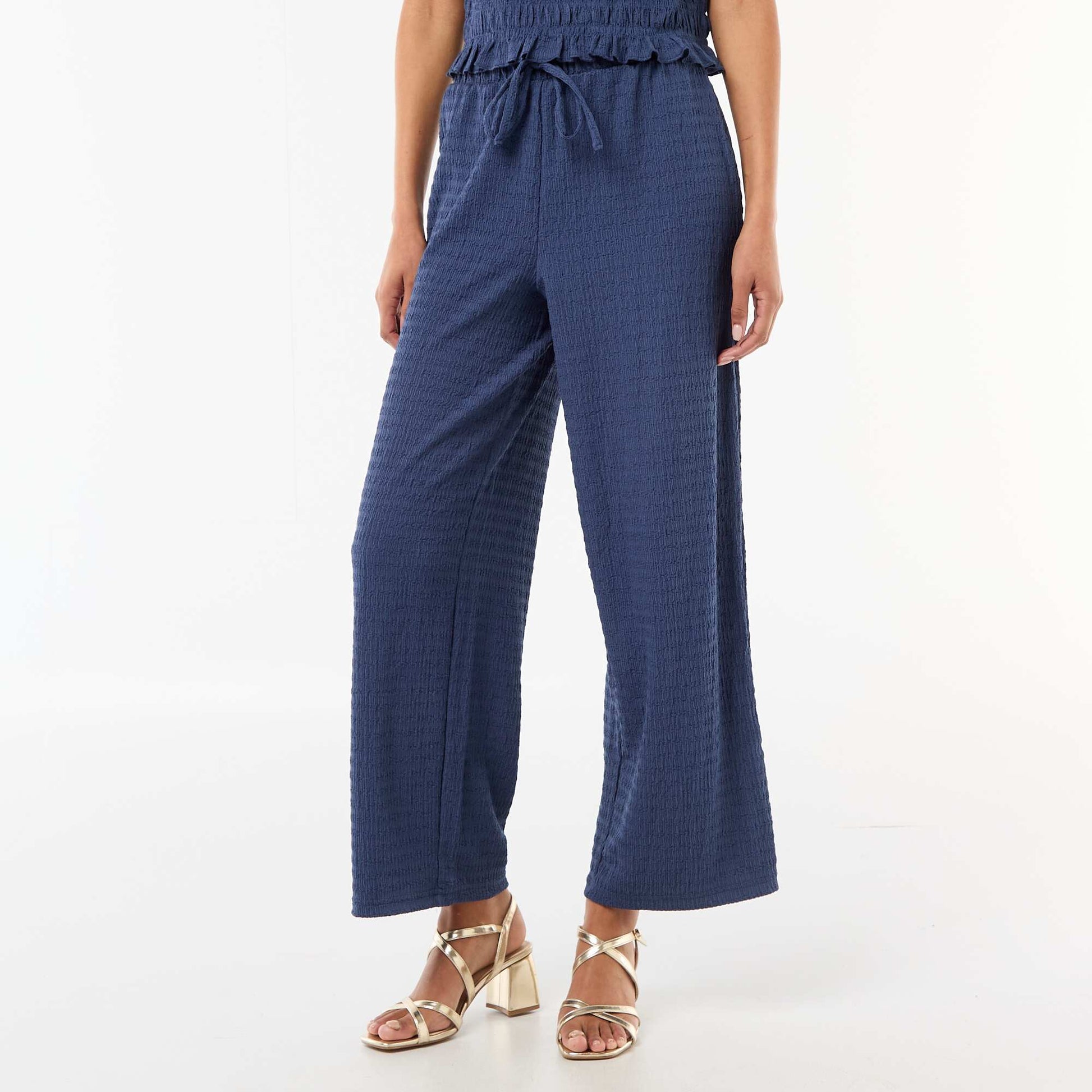 Smocked Knit Wide-Leg Trousers BLUE