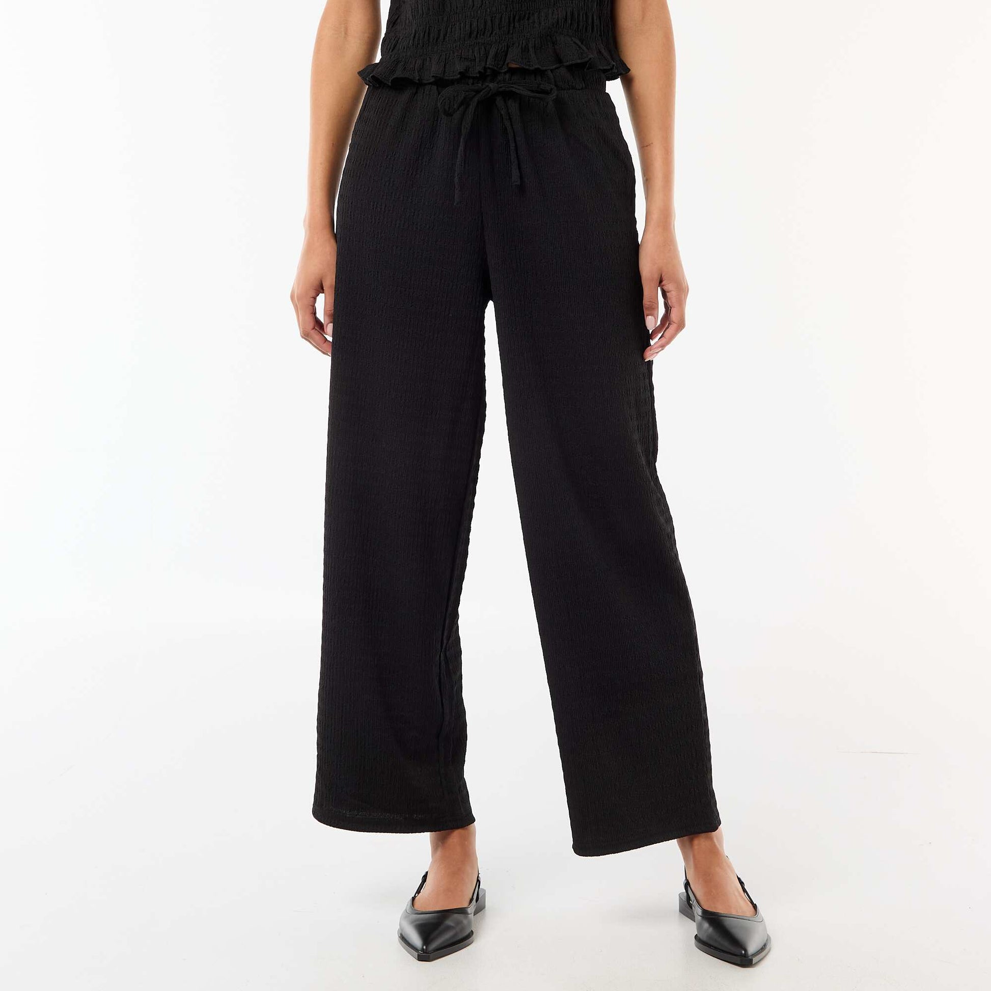 Smocked Knit Wide-Leg Trousers BLACK