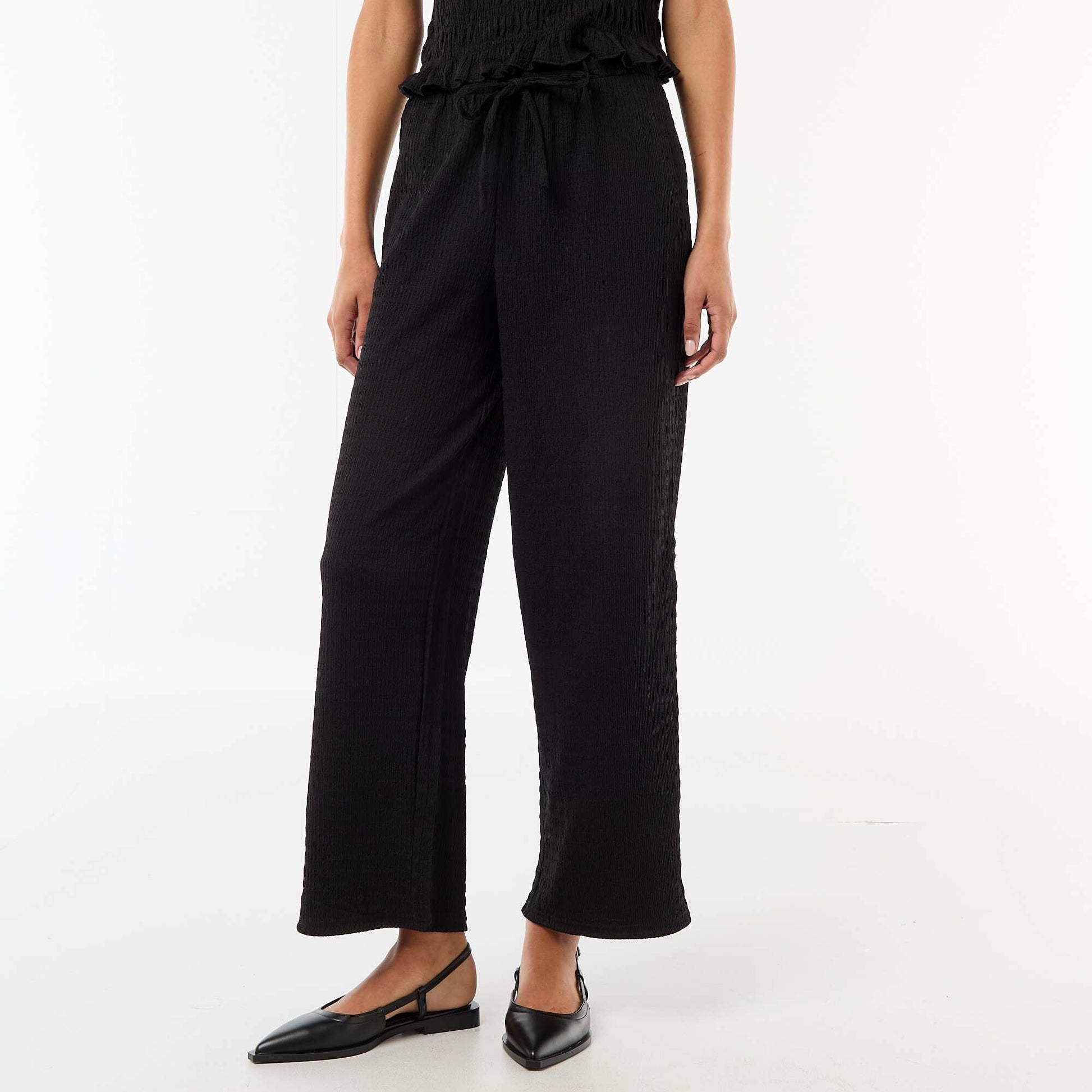 Smocked Knit Wide-Leg Trousers BLACK