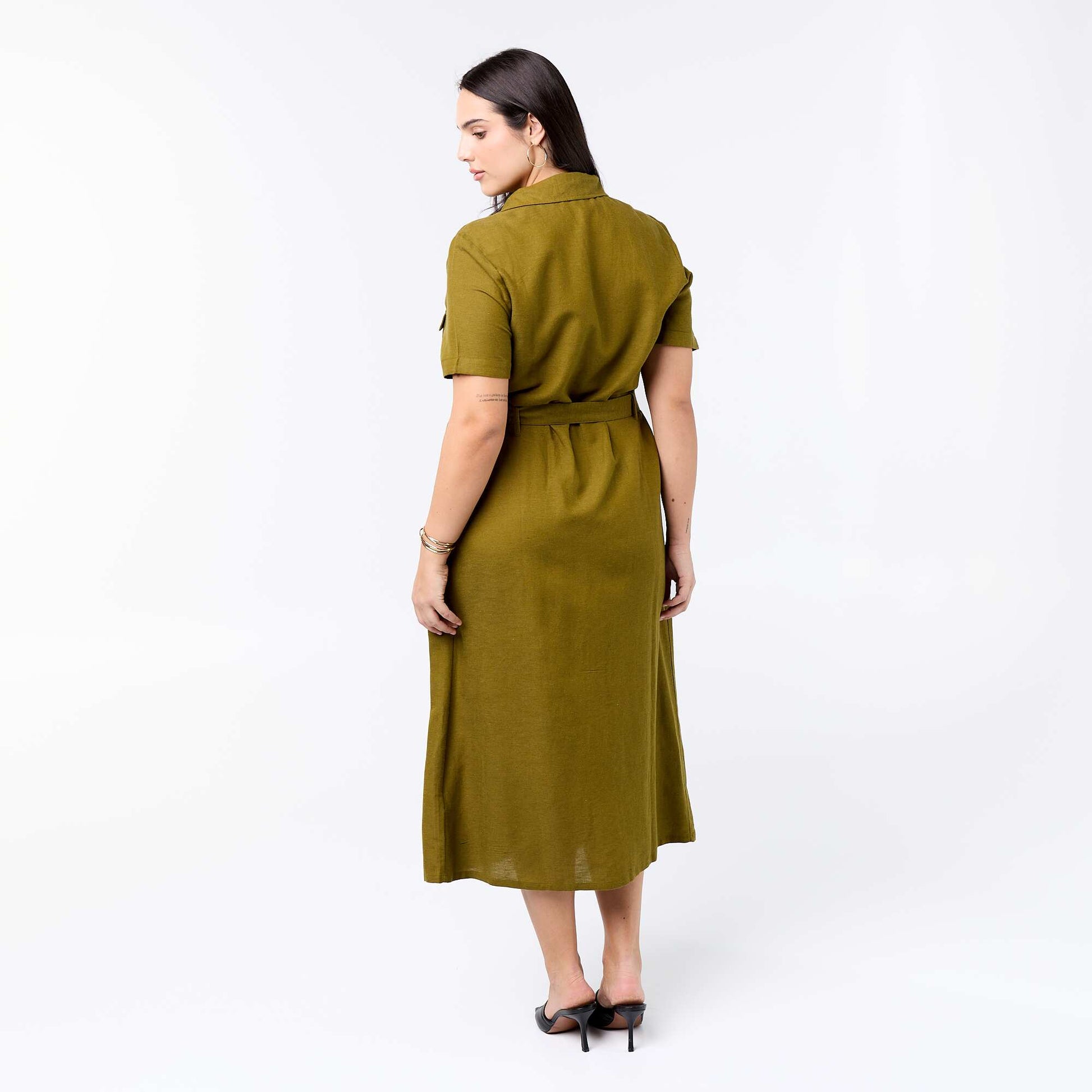 Long Shirtdress with Tie Waist GREEN