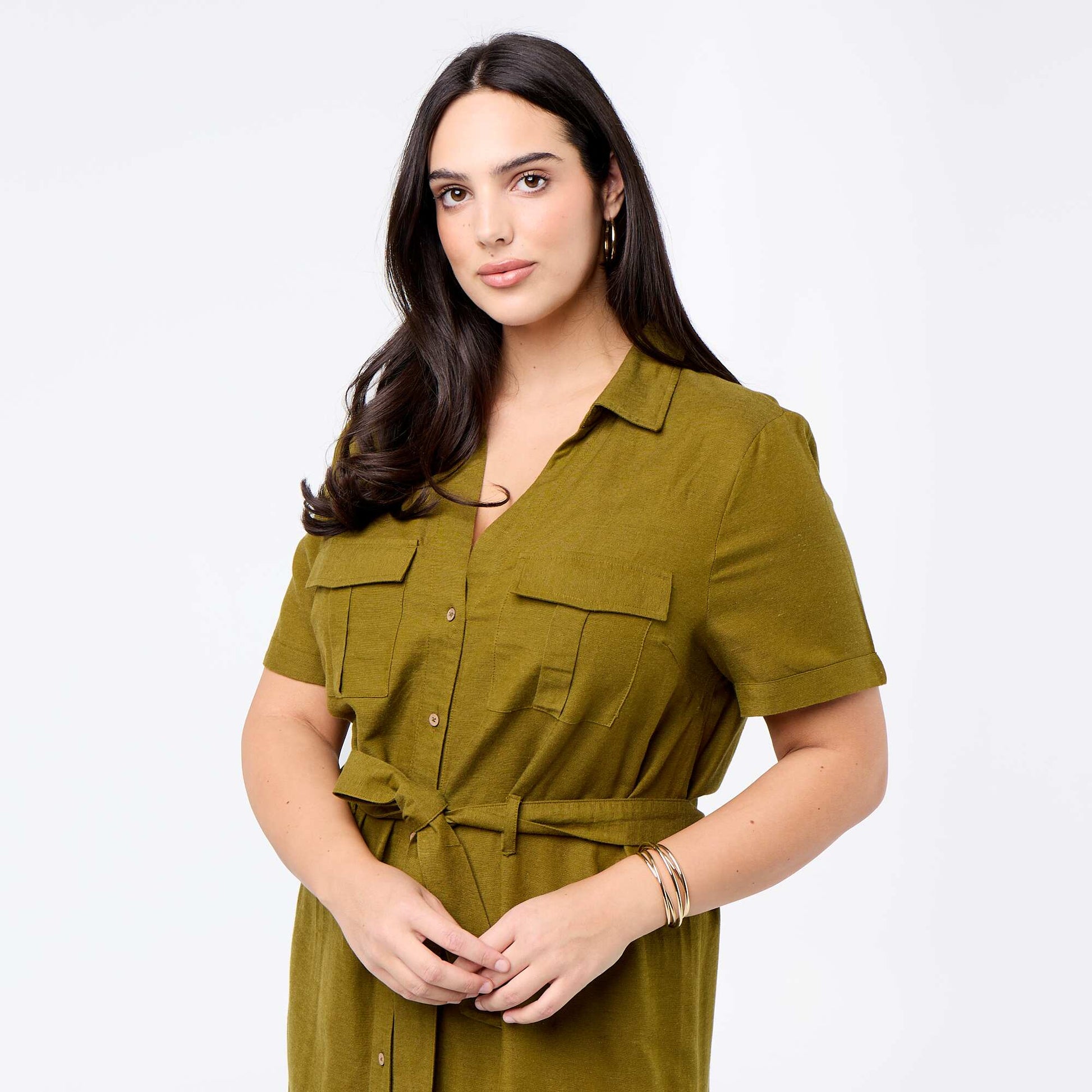Long Shirtdress with Tie Waist GREEN