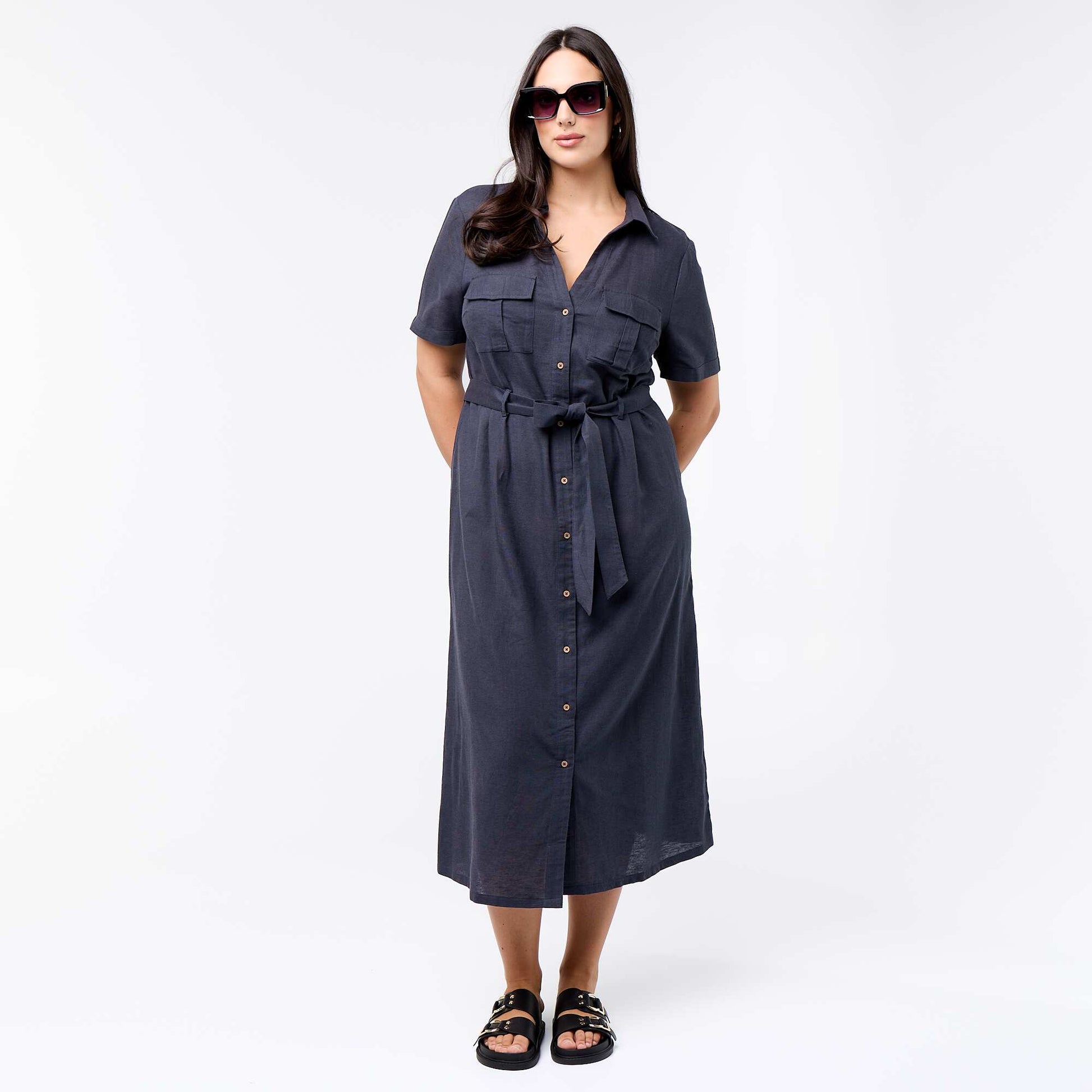 Long Shirtdress with Tie Waist BLUE