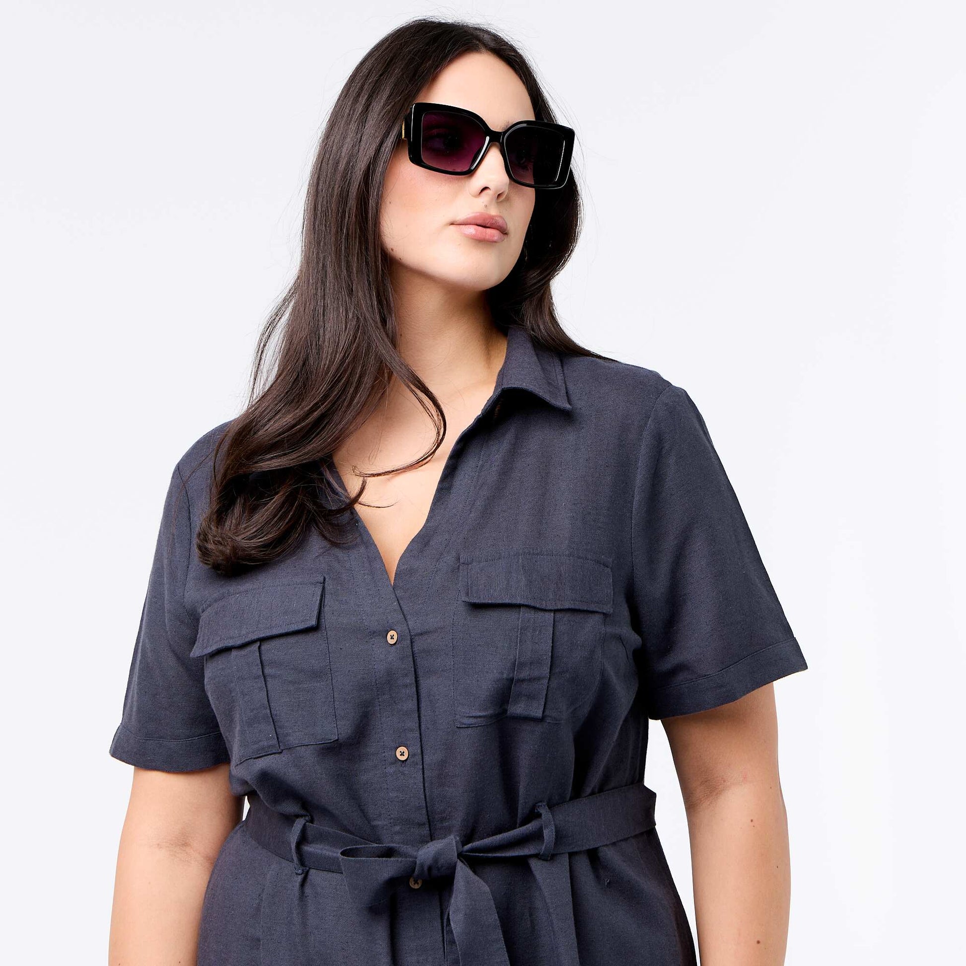 Long Shirtdress with Tie Waist BLUE
