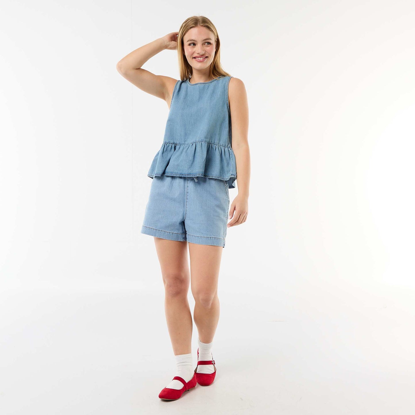 Sleeveless Denim Peplum Top BLUE