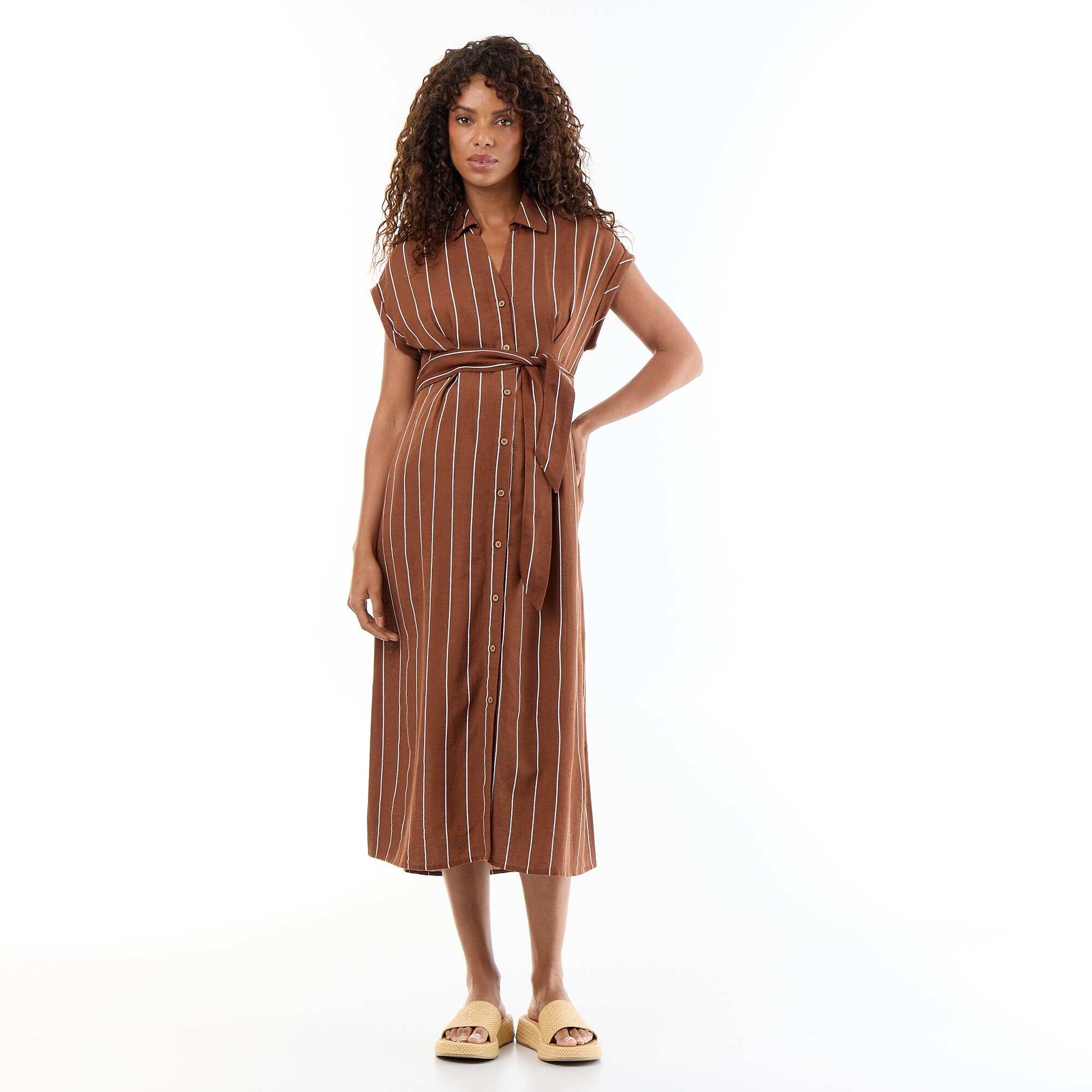 Long short-sleeved shirt dress BROWN