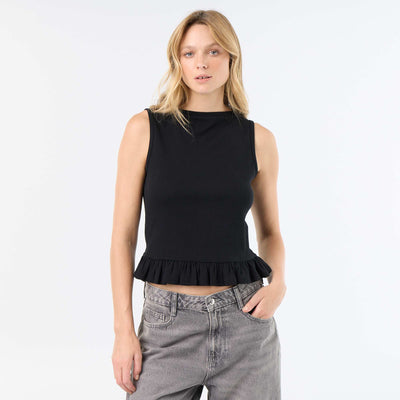 Tank Top with Boat Neck and Ruffled Hem BLACK
