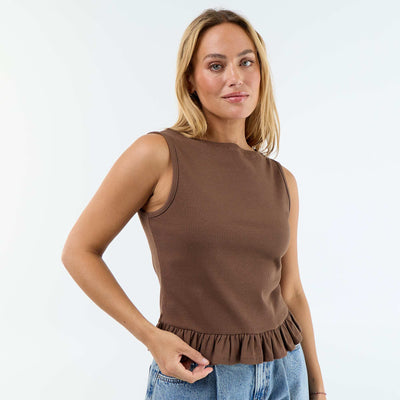 Tank Top with Boat Neck and Ruffled Hem BROWN