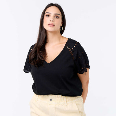 Plain t-shirt with embroidery on the sleeves BLACK