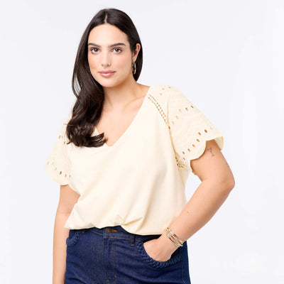Plain t-shirt with embroidery on the sleeves BEIGE