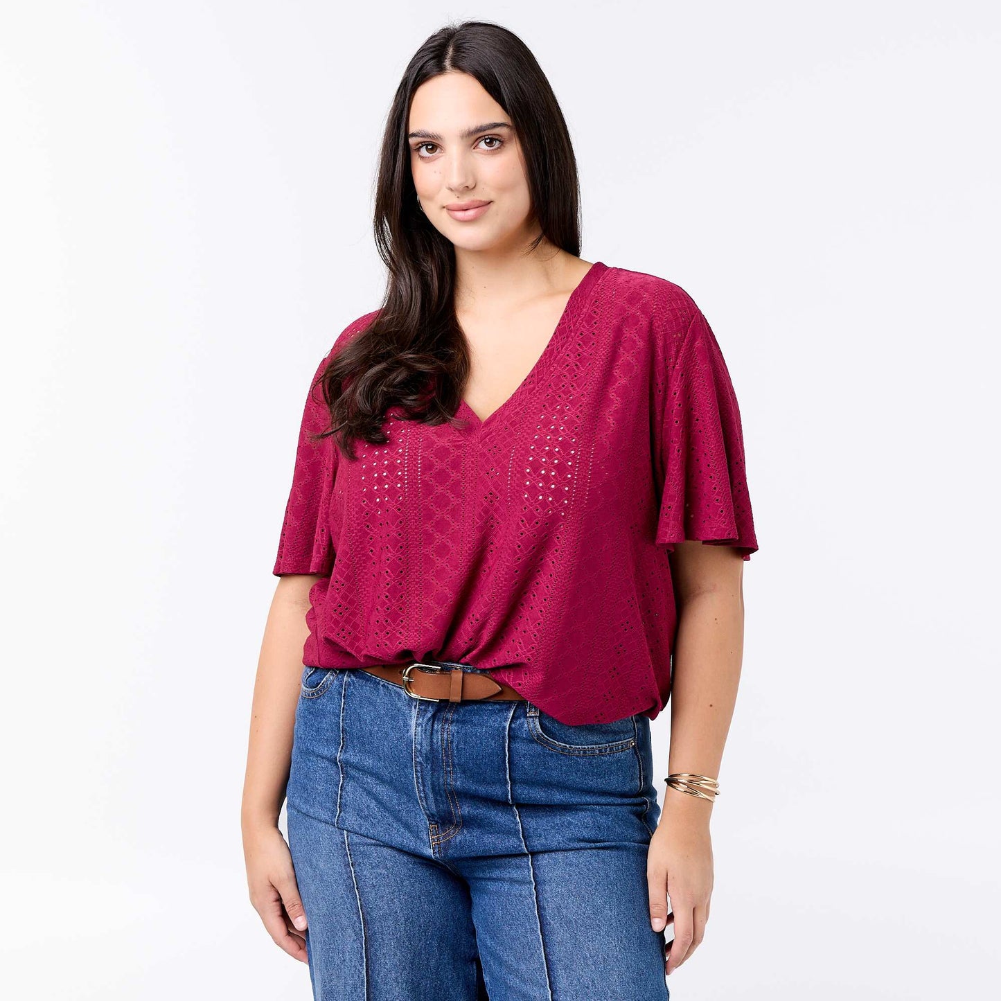 Openwork Knit Solid T-Shirt RED