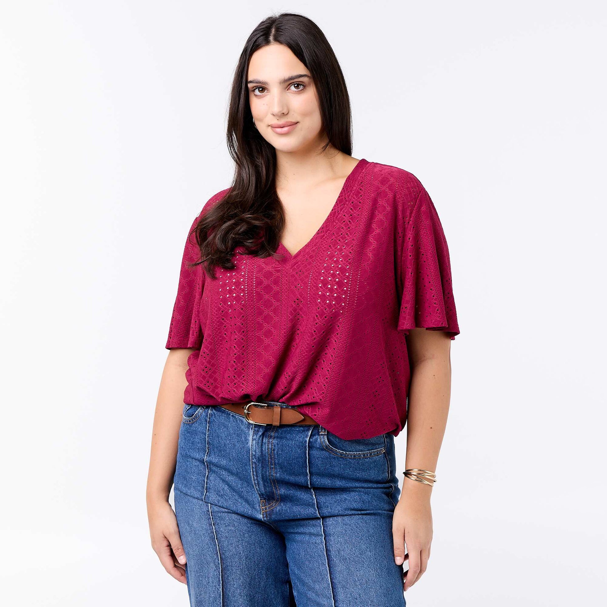 Openwork Knit Solid T-Shirt RED