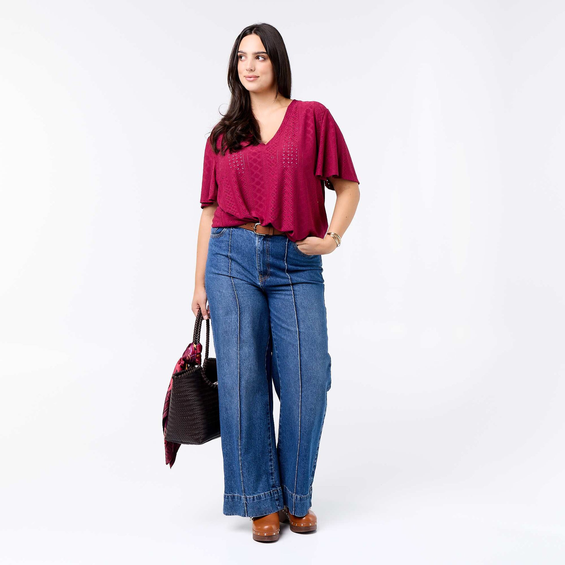 Openwork Knit Solid T-Shirt RED