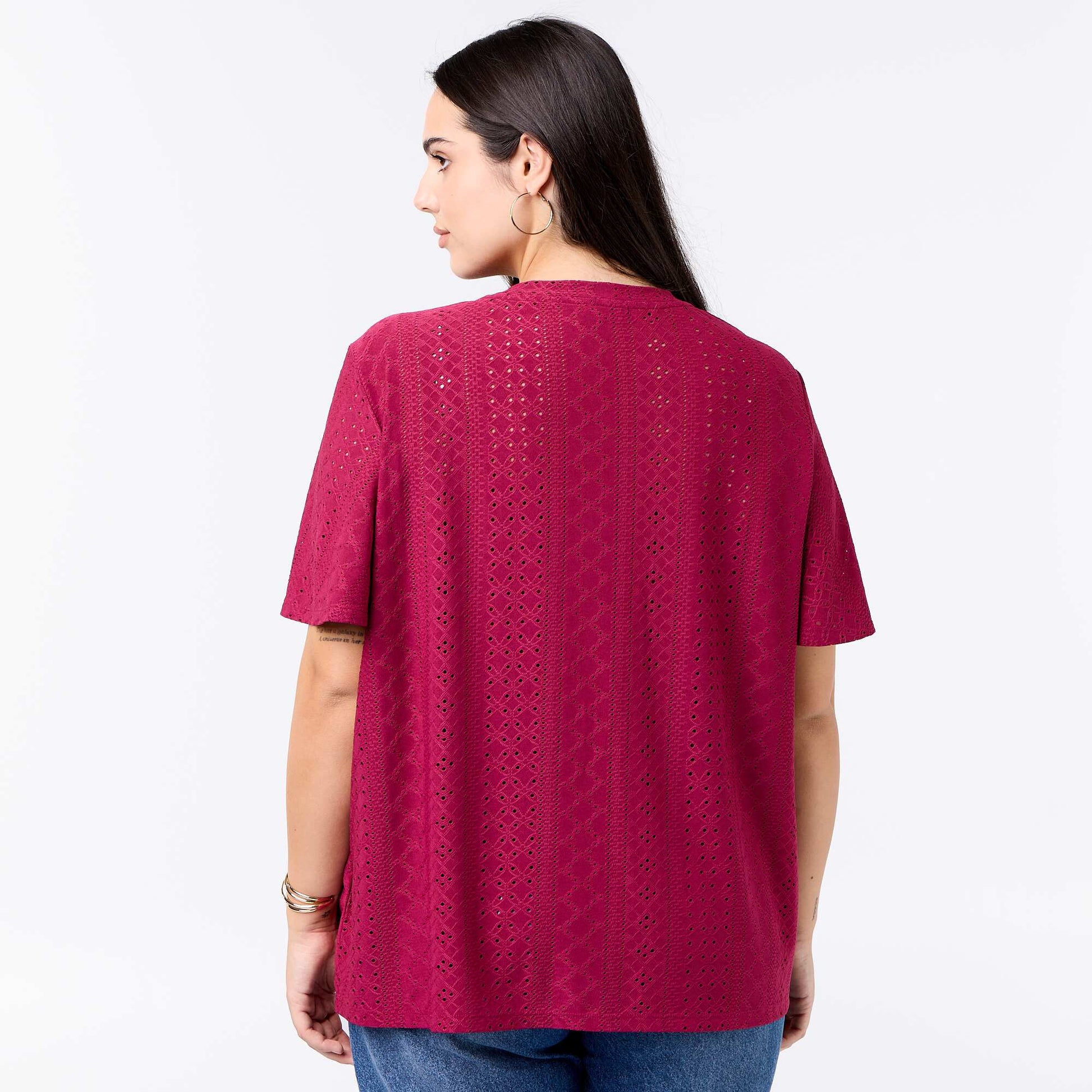 Openwork Knit Solid T-Shirt RED