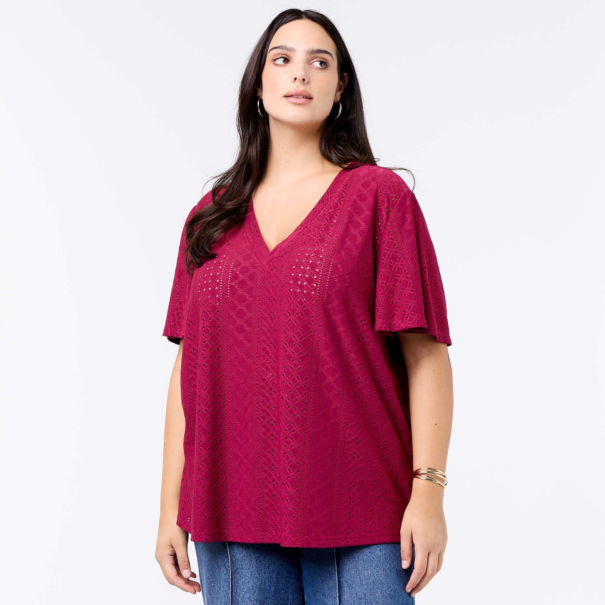 Openwork Knit Solid T-Shirt RED