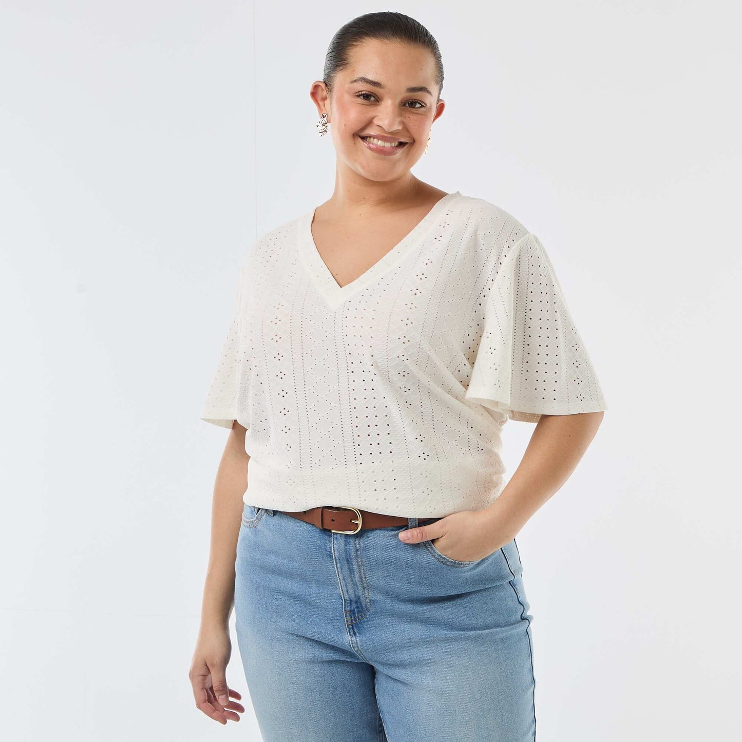 Openwork Knit Solid T-Shirt WHITE