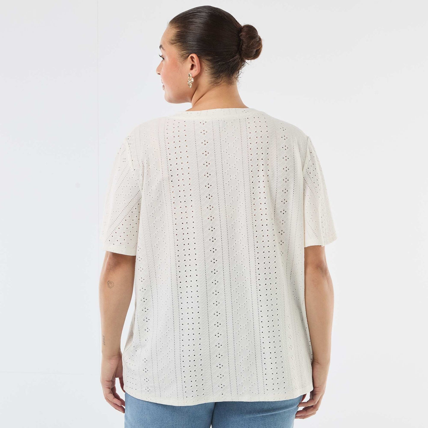 Openwork Knit Solid T-Shirt WHITE