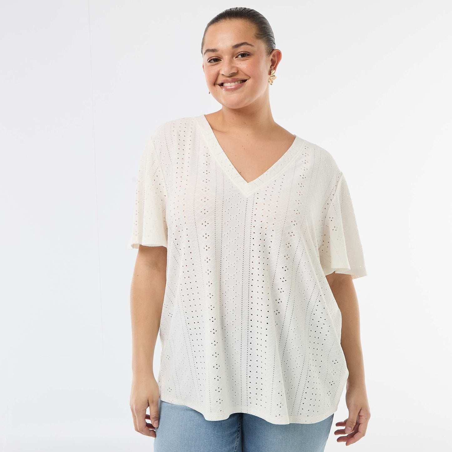 Openwork Knit Solid T-Shirt WHITE