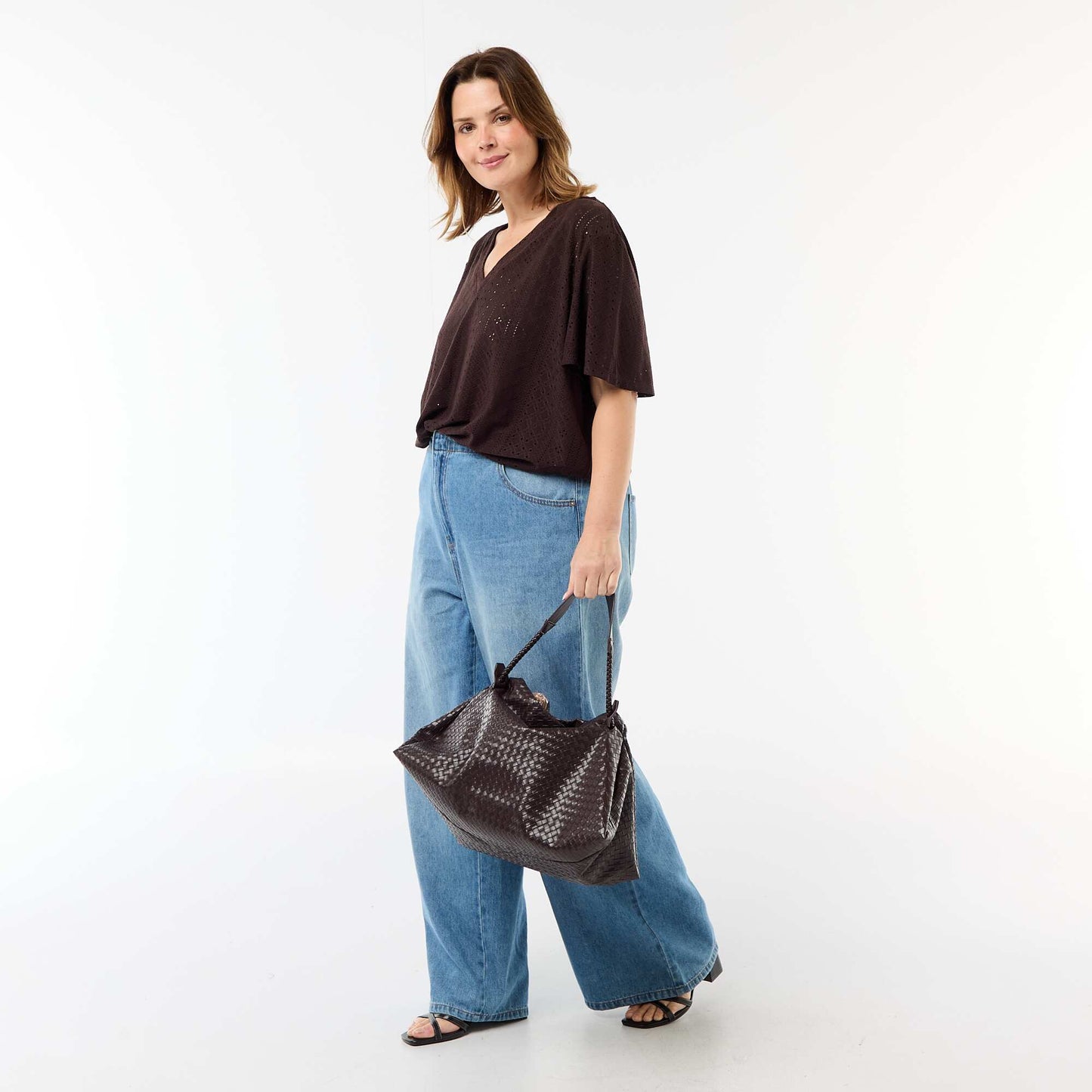 Openwork Knit Solid T-Shirt BROWN