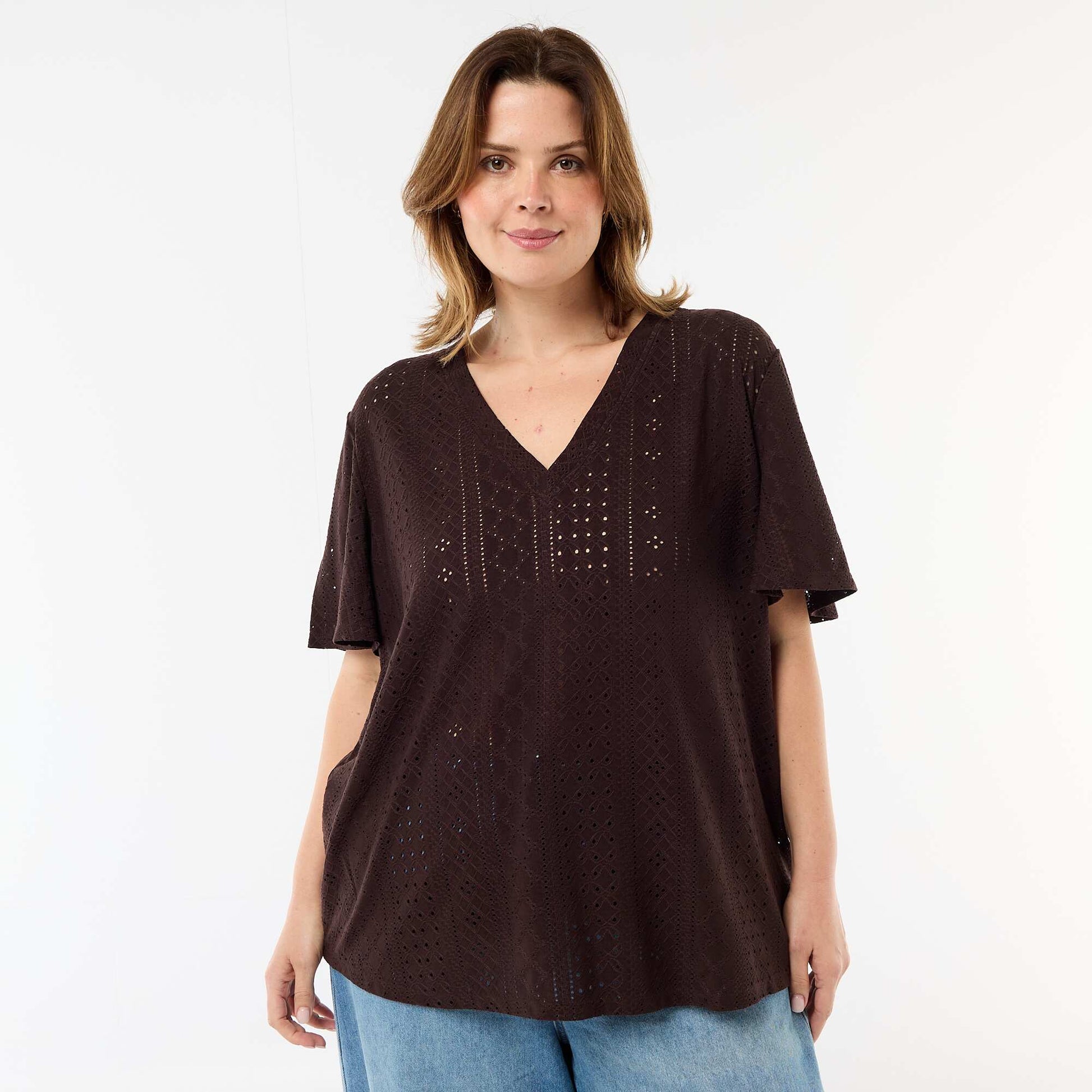 Openwork Knit Solid T-Shirt BROWN