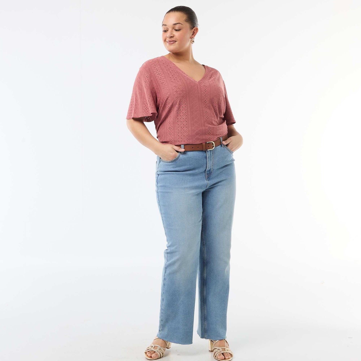 Openwork Knit Solid T-Shirt PINK