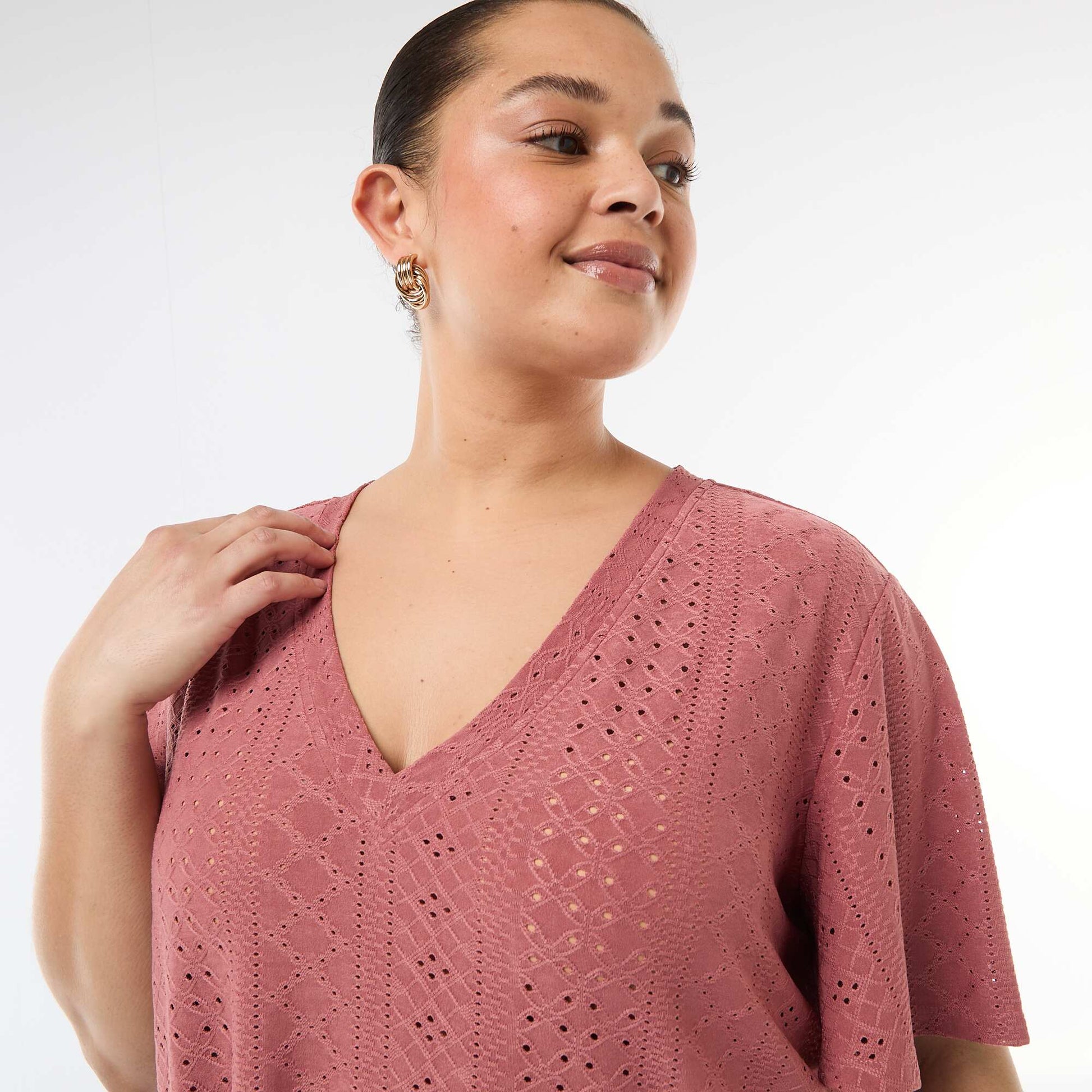 Openwork Knit Solid T-Shirt PINK