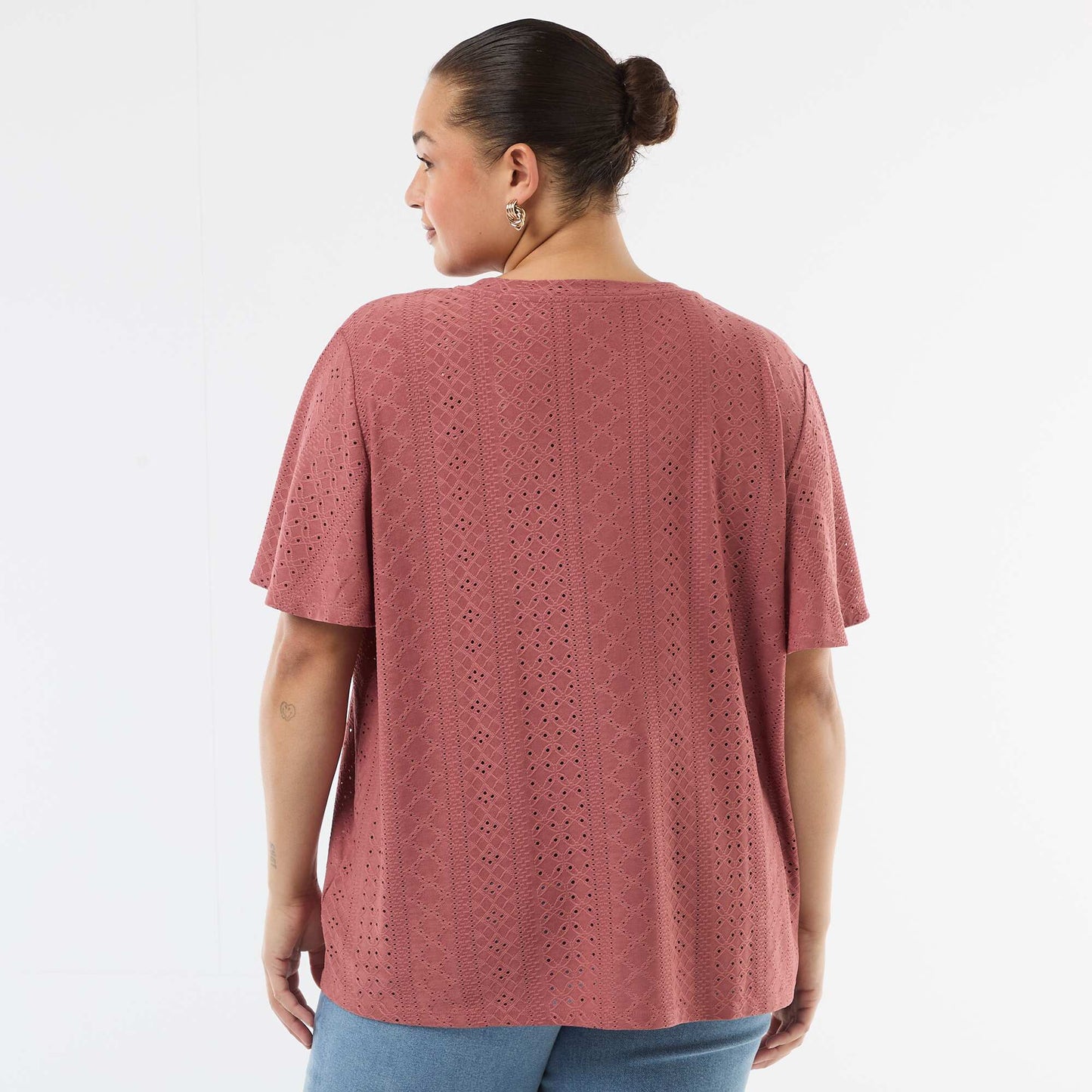 Openwork Knit Solid T-Shirt PINK