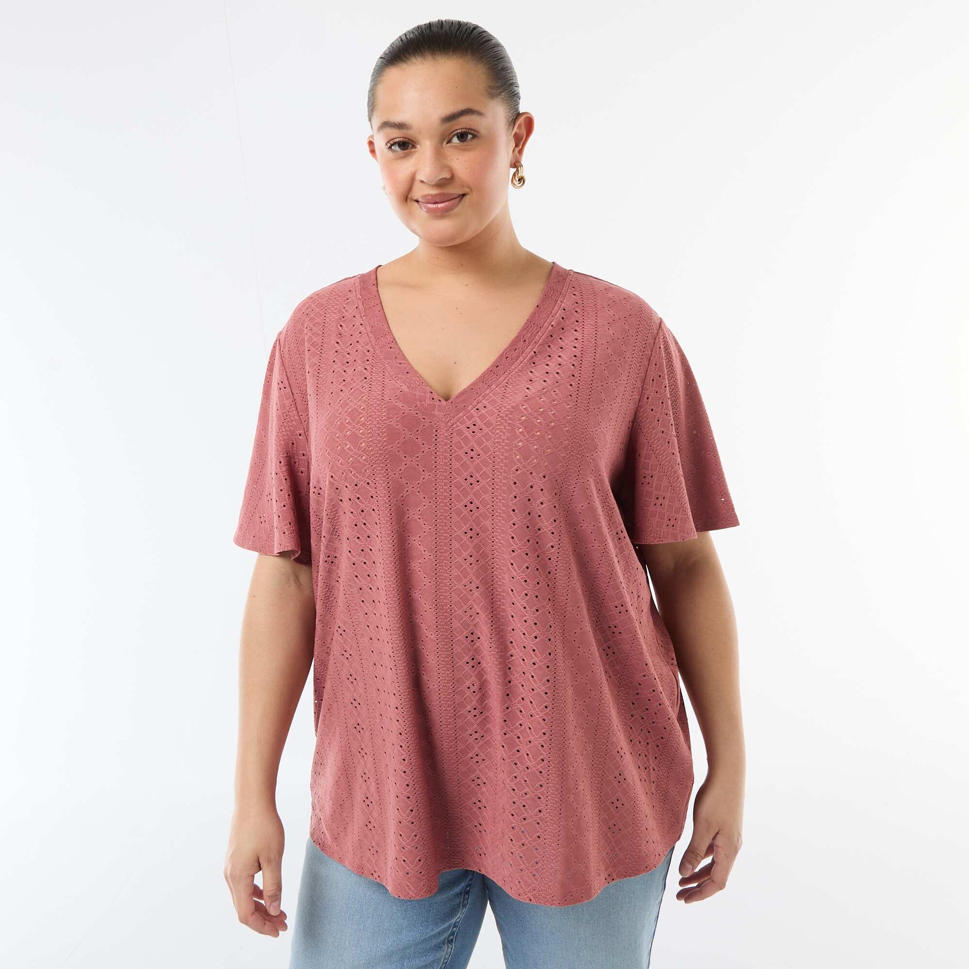 Openwork Knit Solid T-Shirt PINK