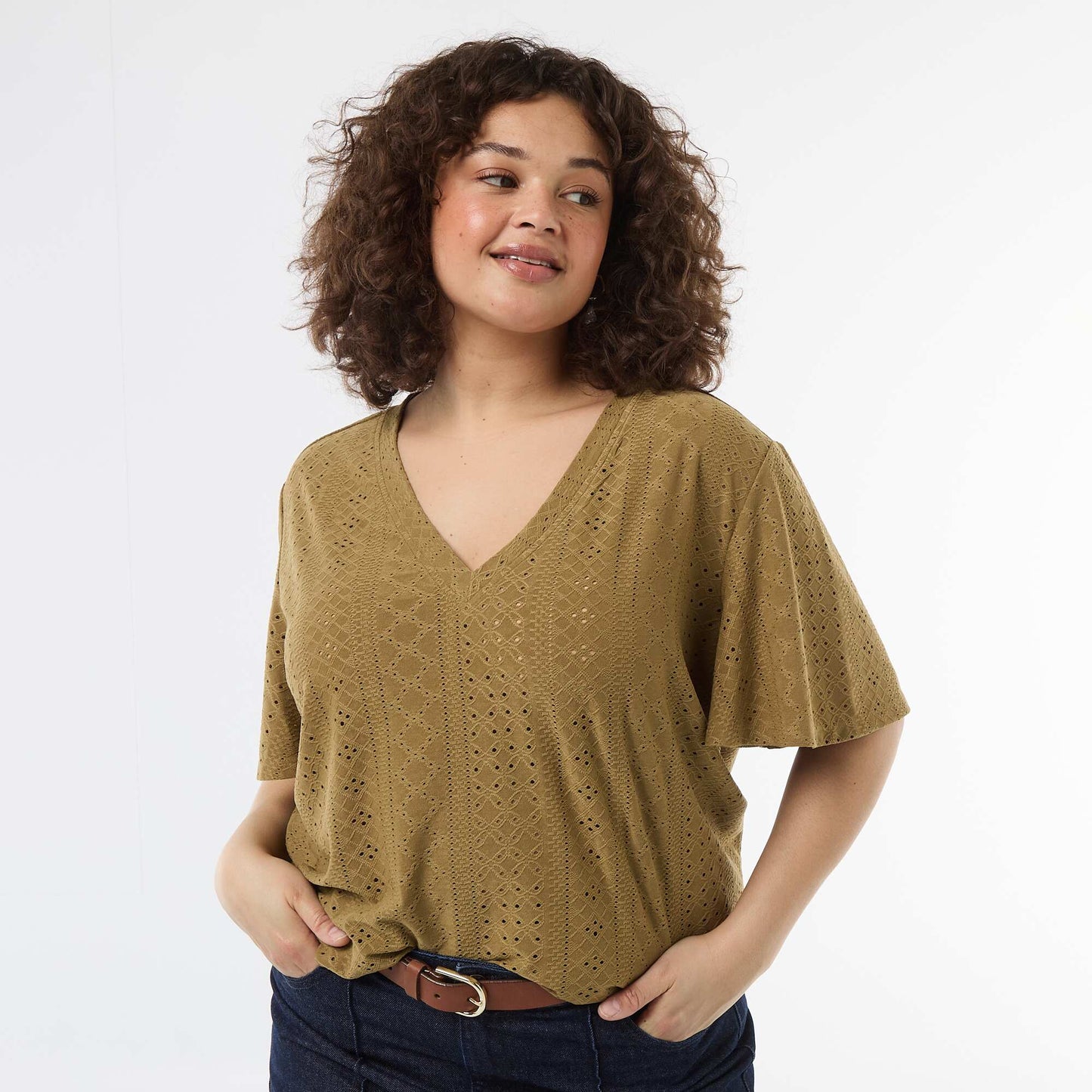 Openwork Knit Solid T-Shirt GREEN