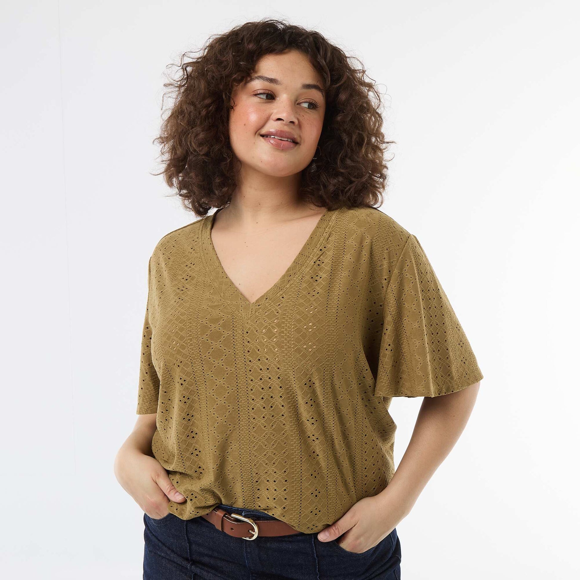 Openwork Knit Solid T-Shirt GREEN