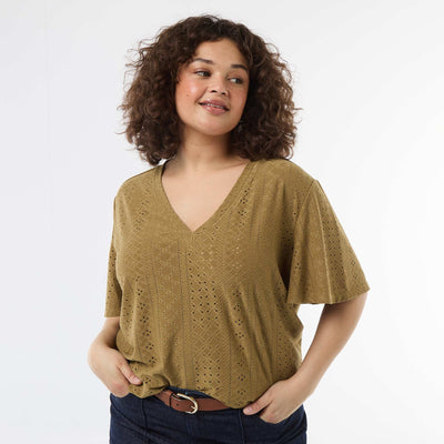 Openwork Knit Solid T-Shirt GREEN