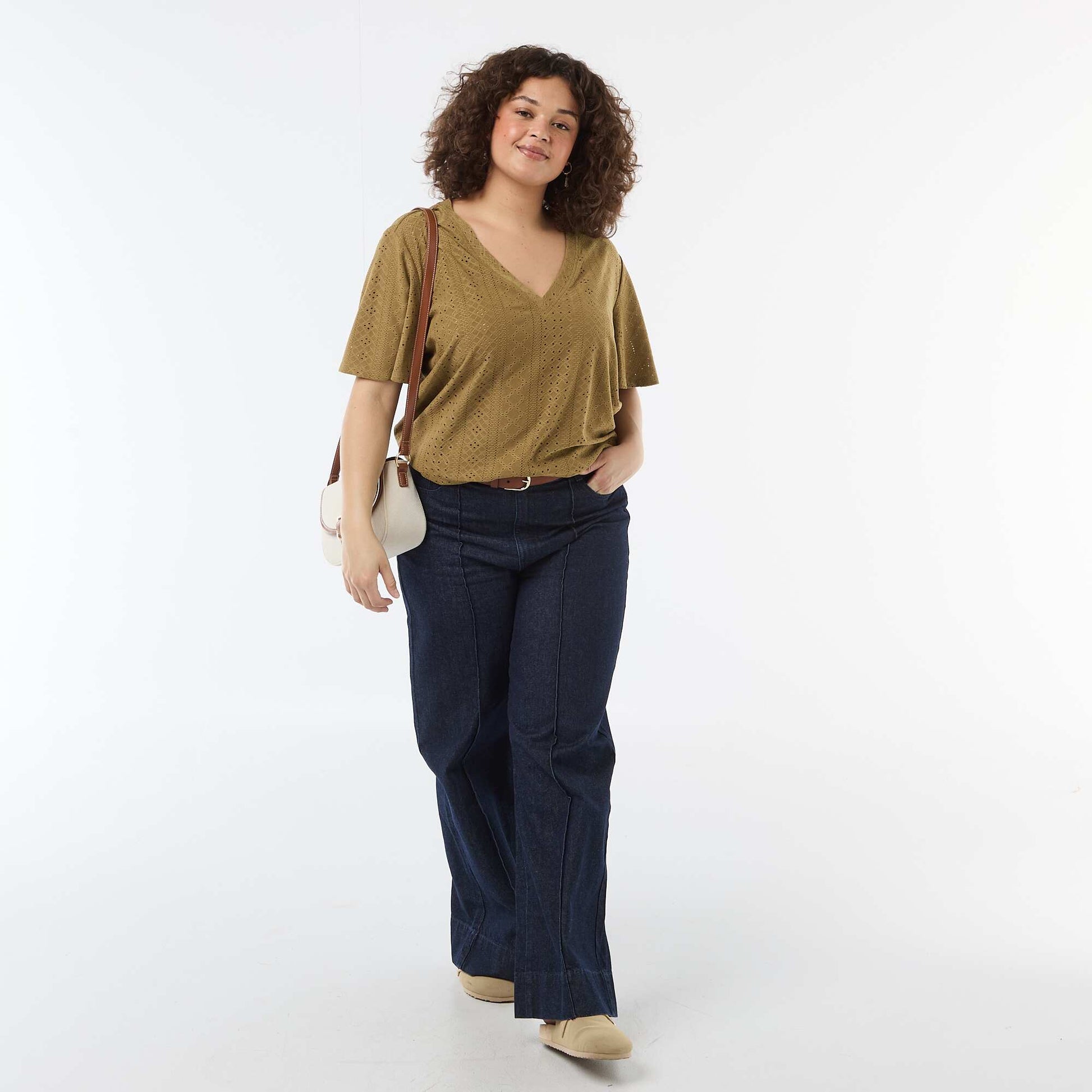 Openwork Knit Solid T-Shirt GREEN