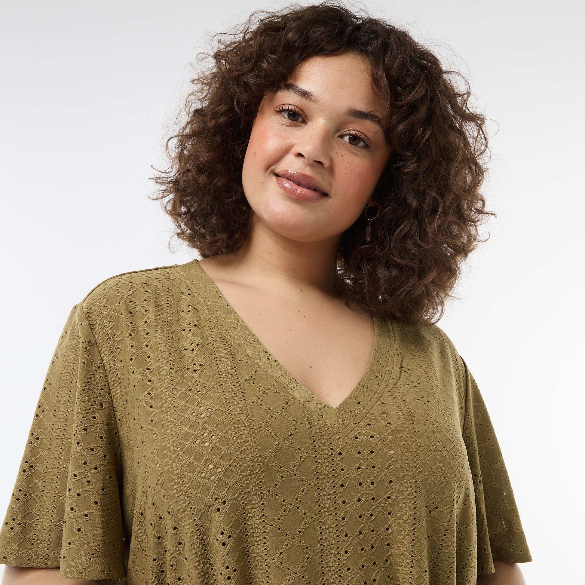 Openwork Knit Solid T-Shirt GREEN