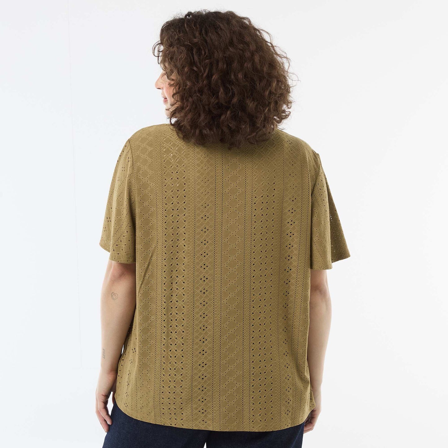 Openwork Knit Solid T-Shirt GREEN