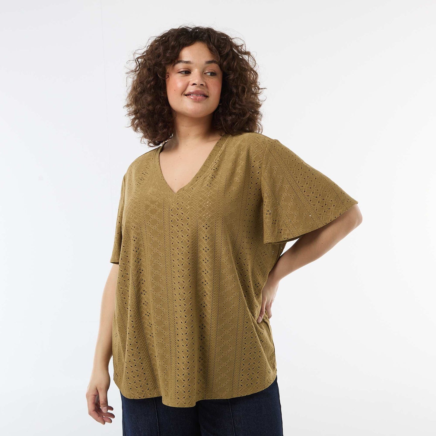 Openwork Knit Solid T-Shirt GREEN