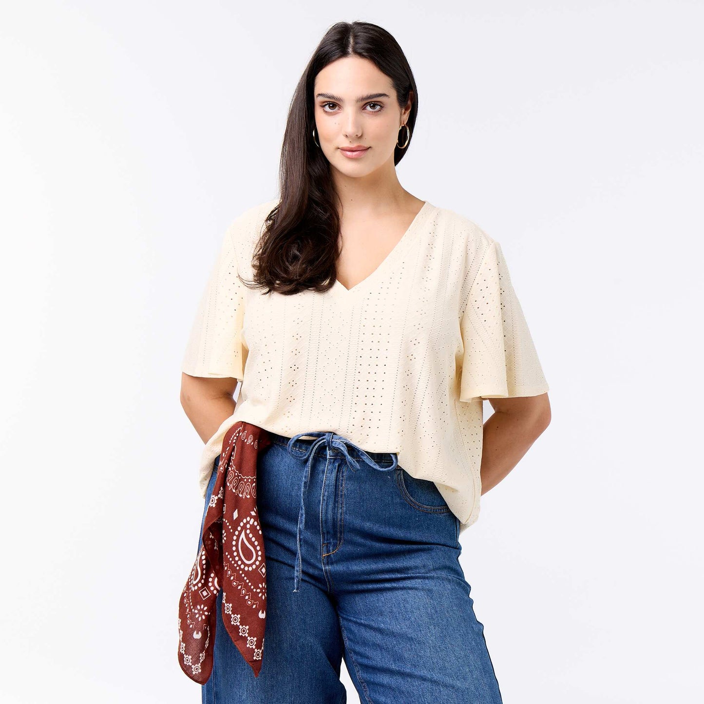 Openwork Knit Solid T-Shirt BEIGE