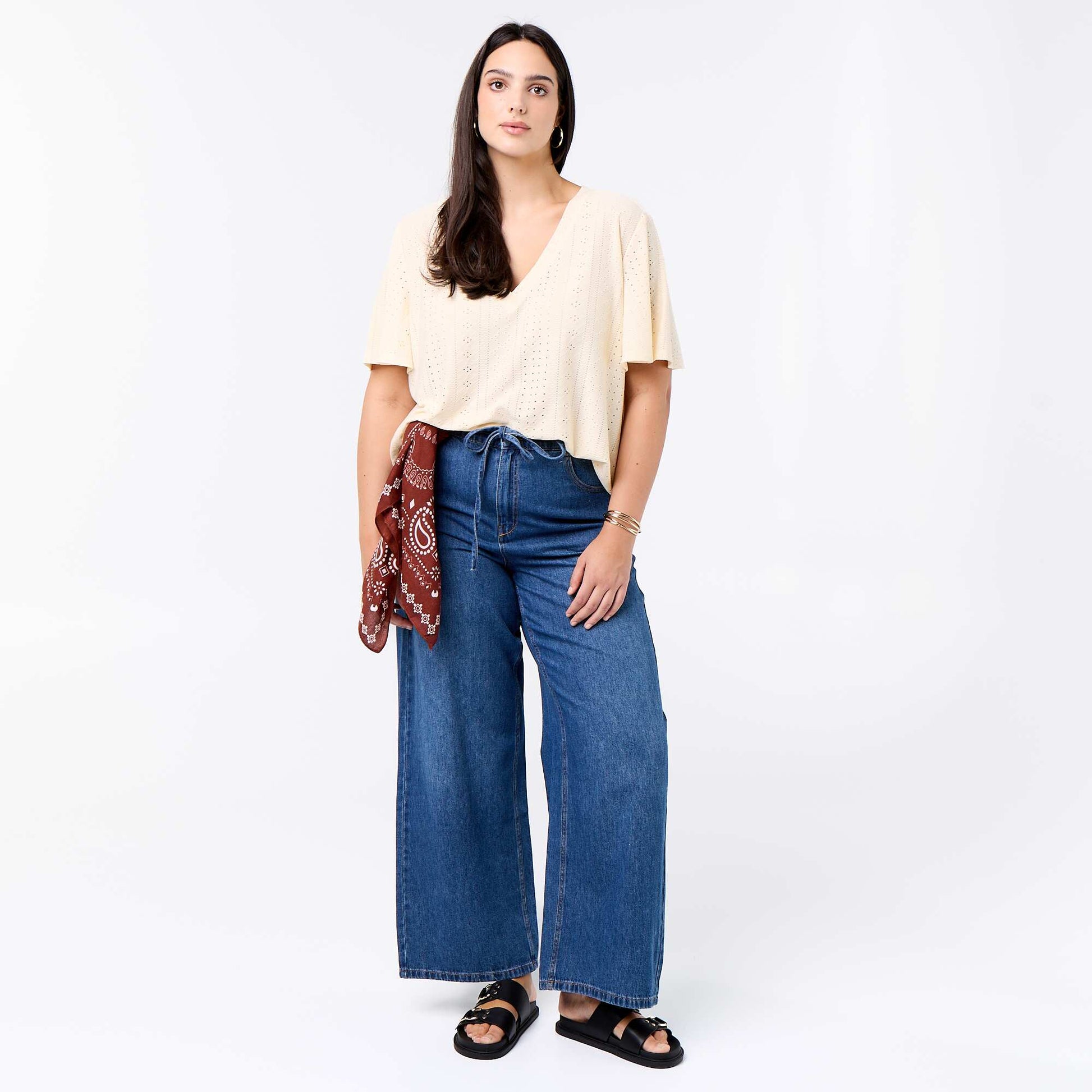 Openwork Knit Solid T-Shirt BEIGE