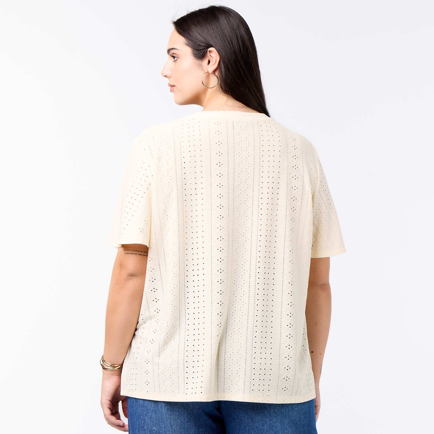 Openwork Knit Solid T-Shirt BEIGE