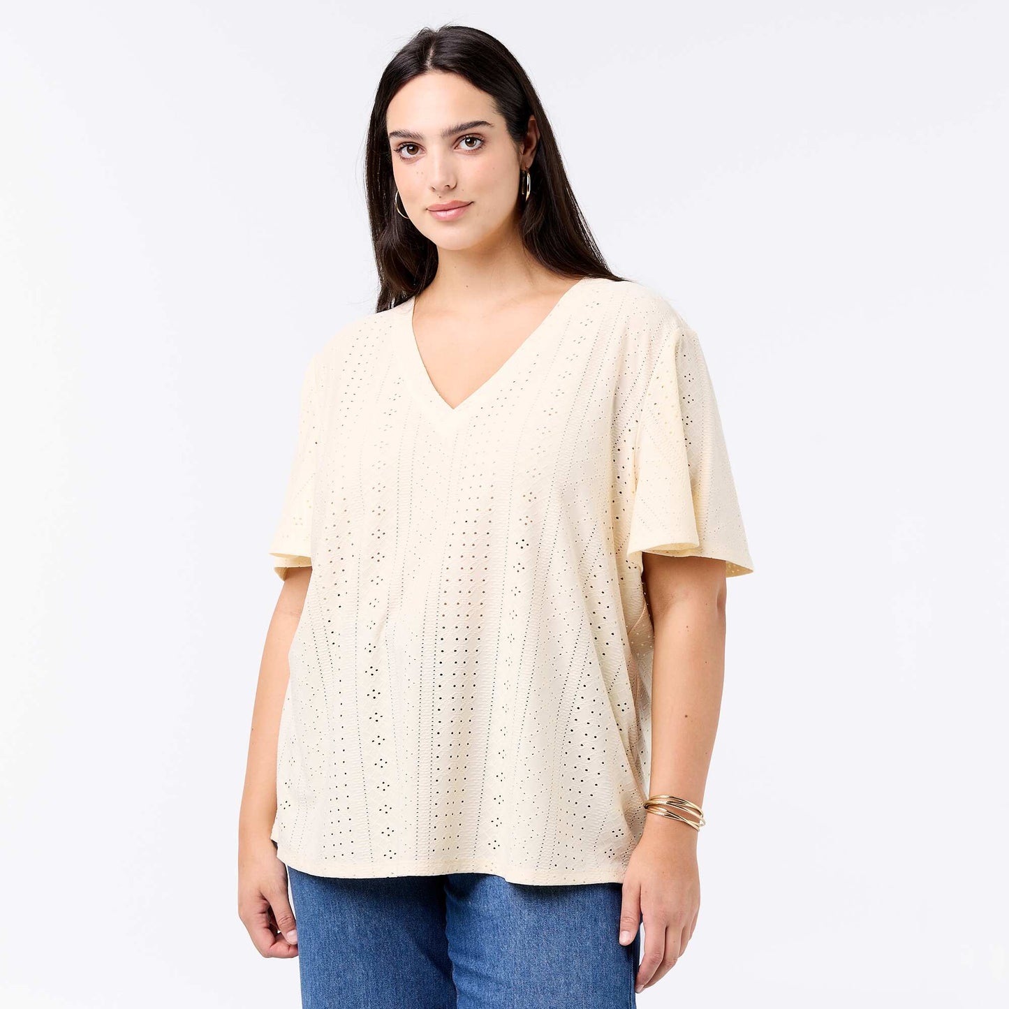 Openwork Knit Solid T-Shirt BEIGE