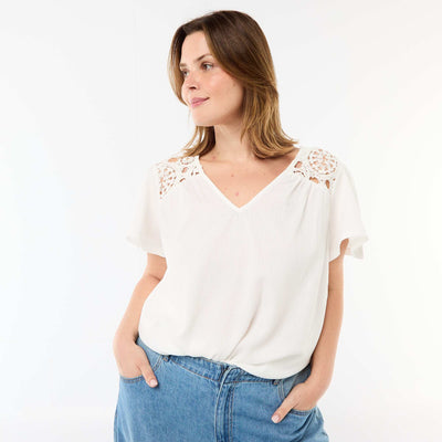 Crepe Knit Tee with Macrame Details WHITE