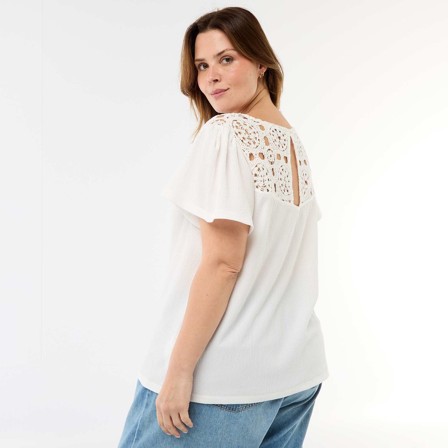 Crepe Knit Tee with Macrame Details WHITE