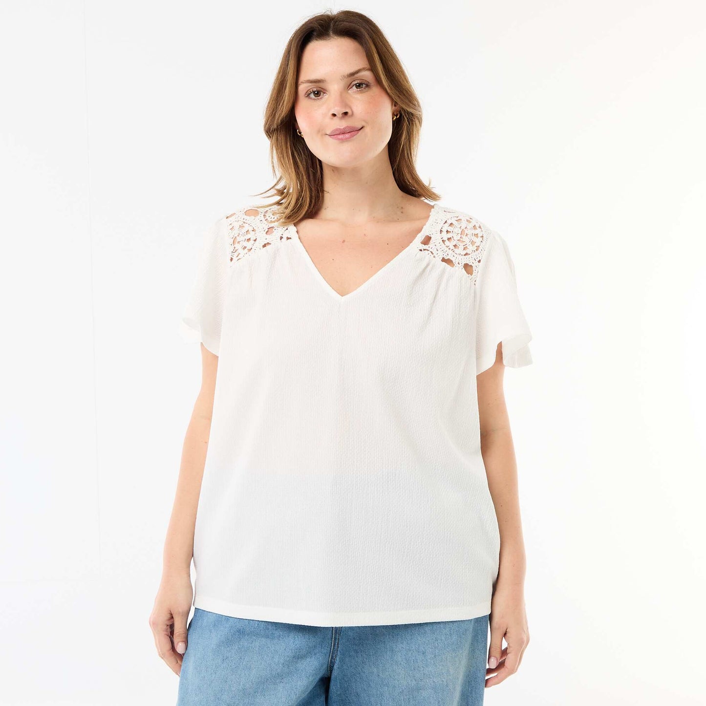 Crepe Knit Tee with Macrame Details WHITE