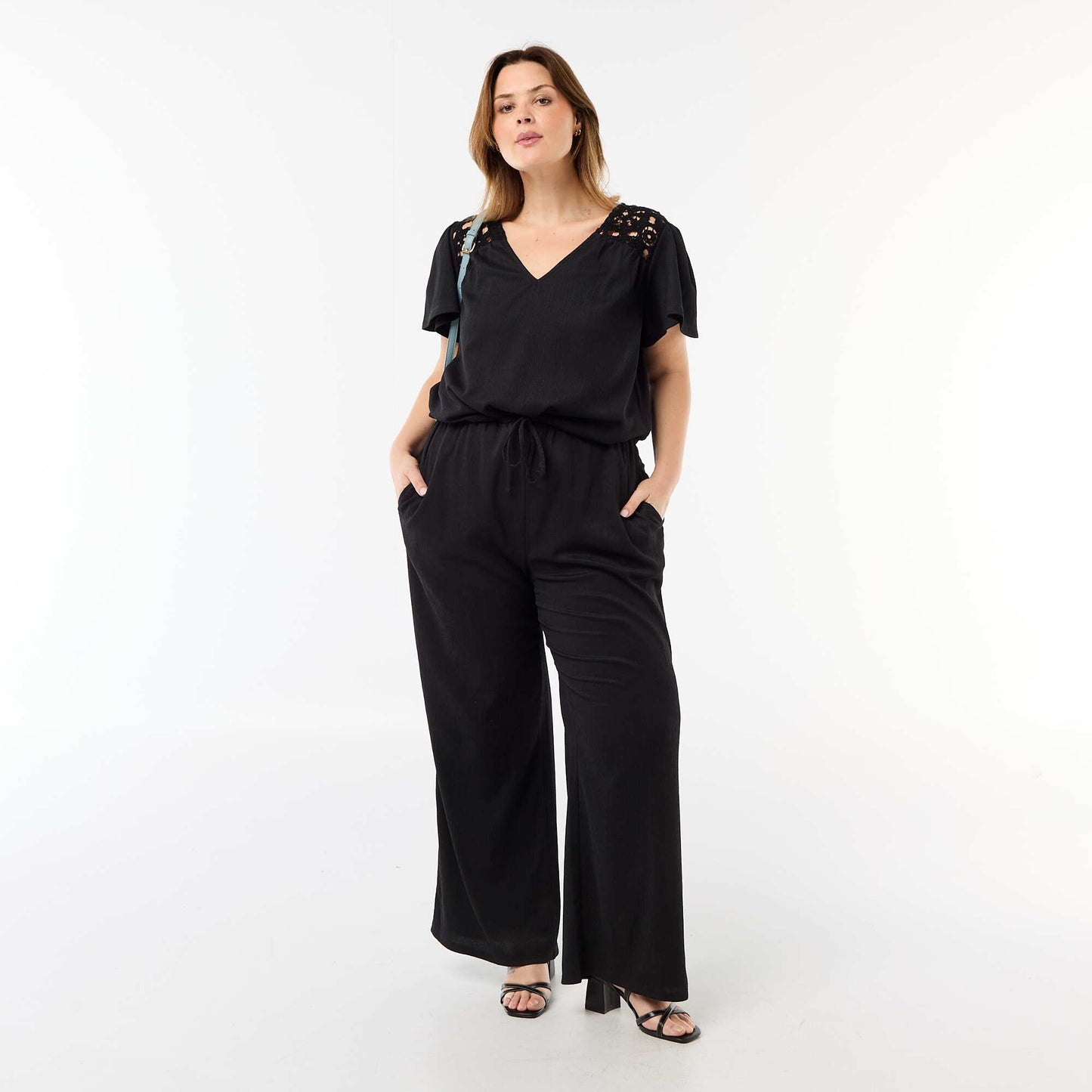 Crepe Knit Tee with Macrame Details BLACK