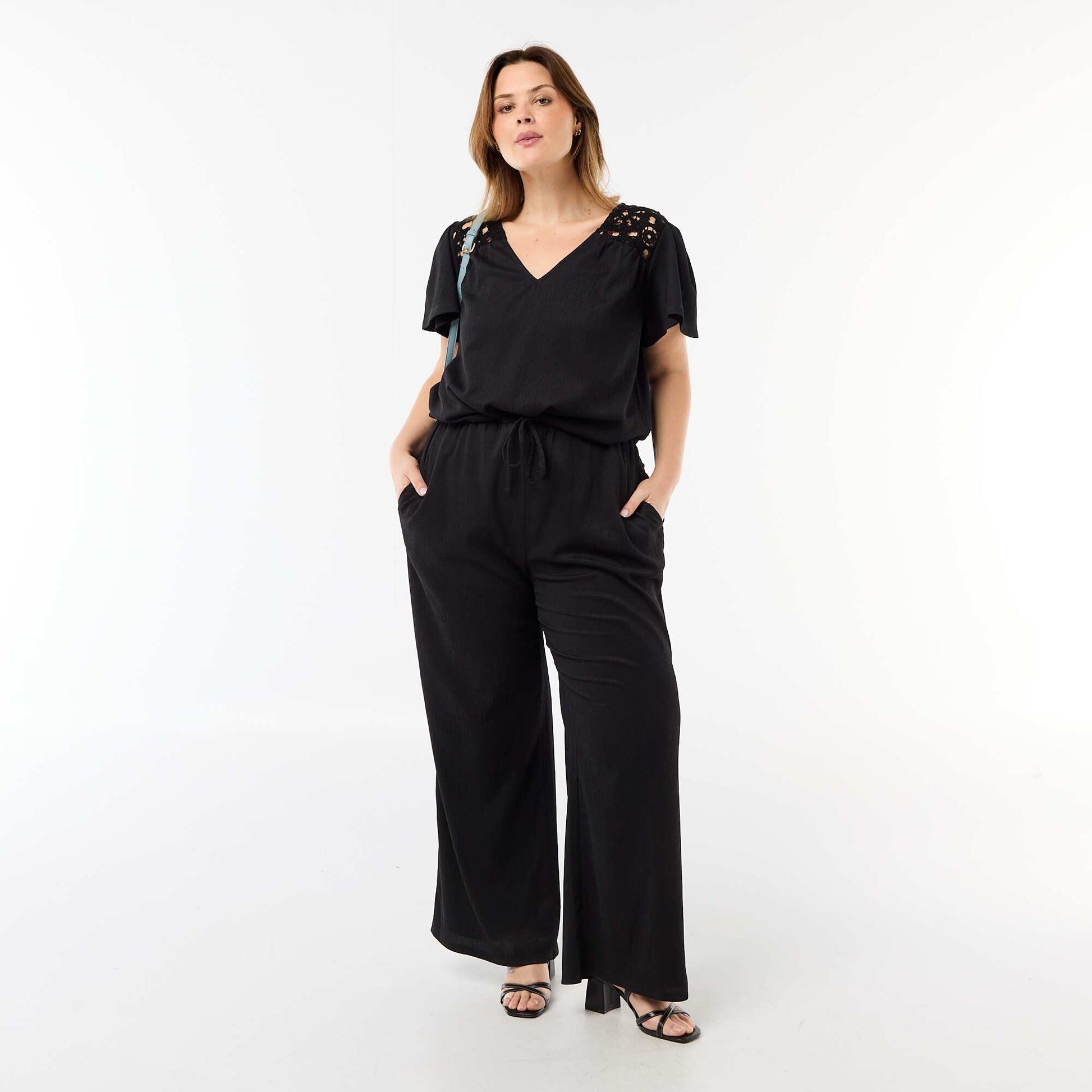 Crepe Knit Tee with Macrame Details BLACK