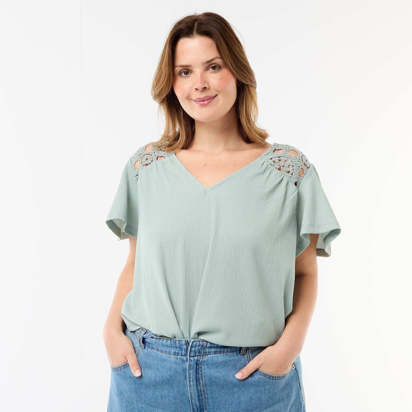 Crepe Knit Tee with Macrame Details BLUE
