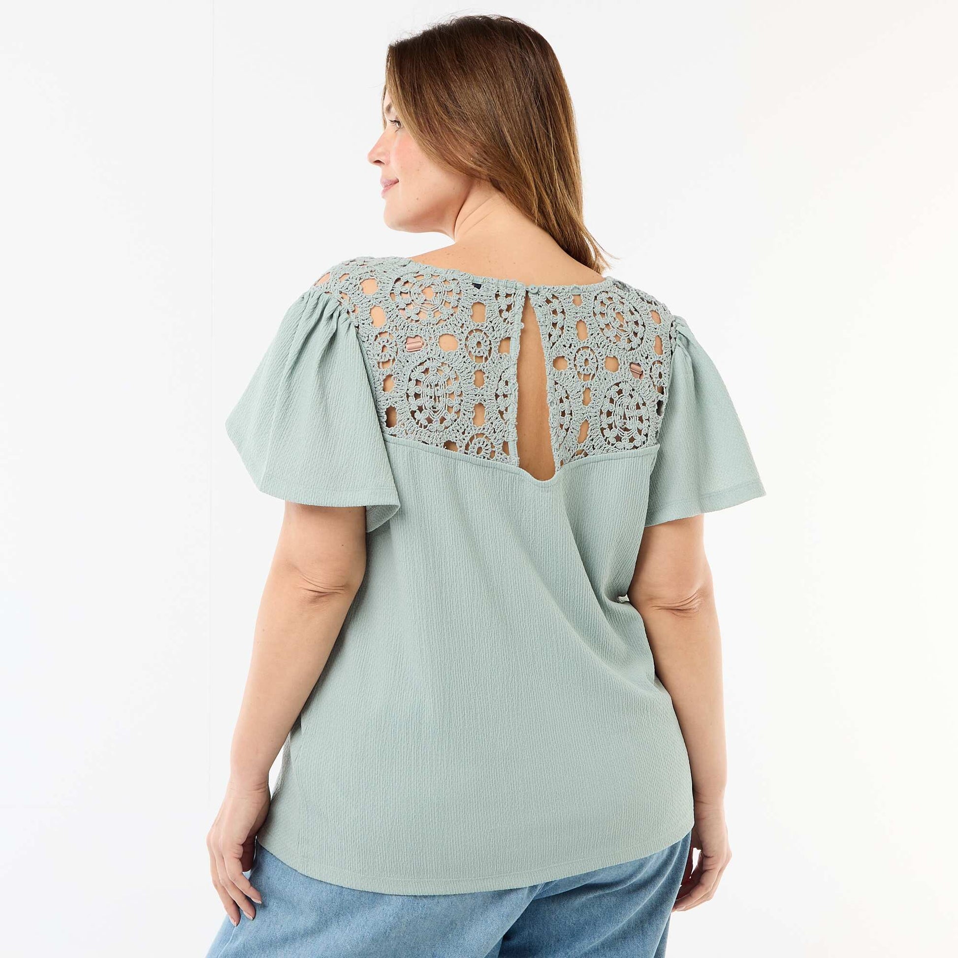 Crepe Knit Tee with Macrame Details BLUE