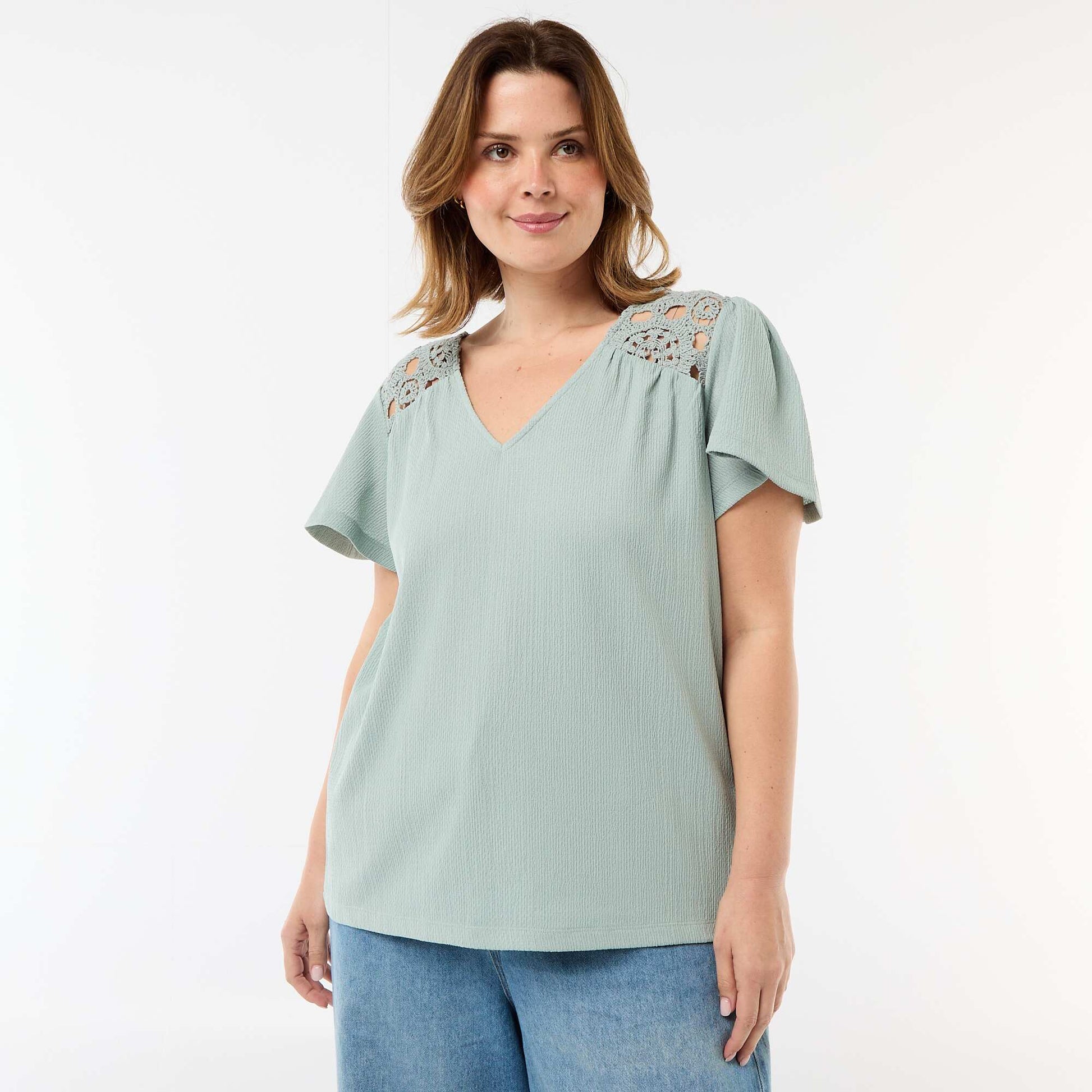 Crepe Knit Tee with Macrame Details BLUE