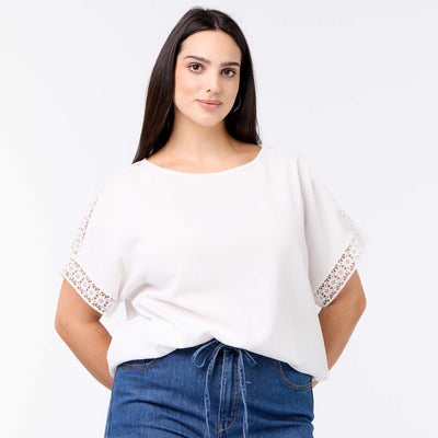 Solid T-shirt with Embroidered & Macramé Sleeves WHITE