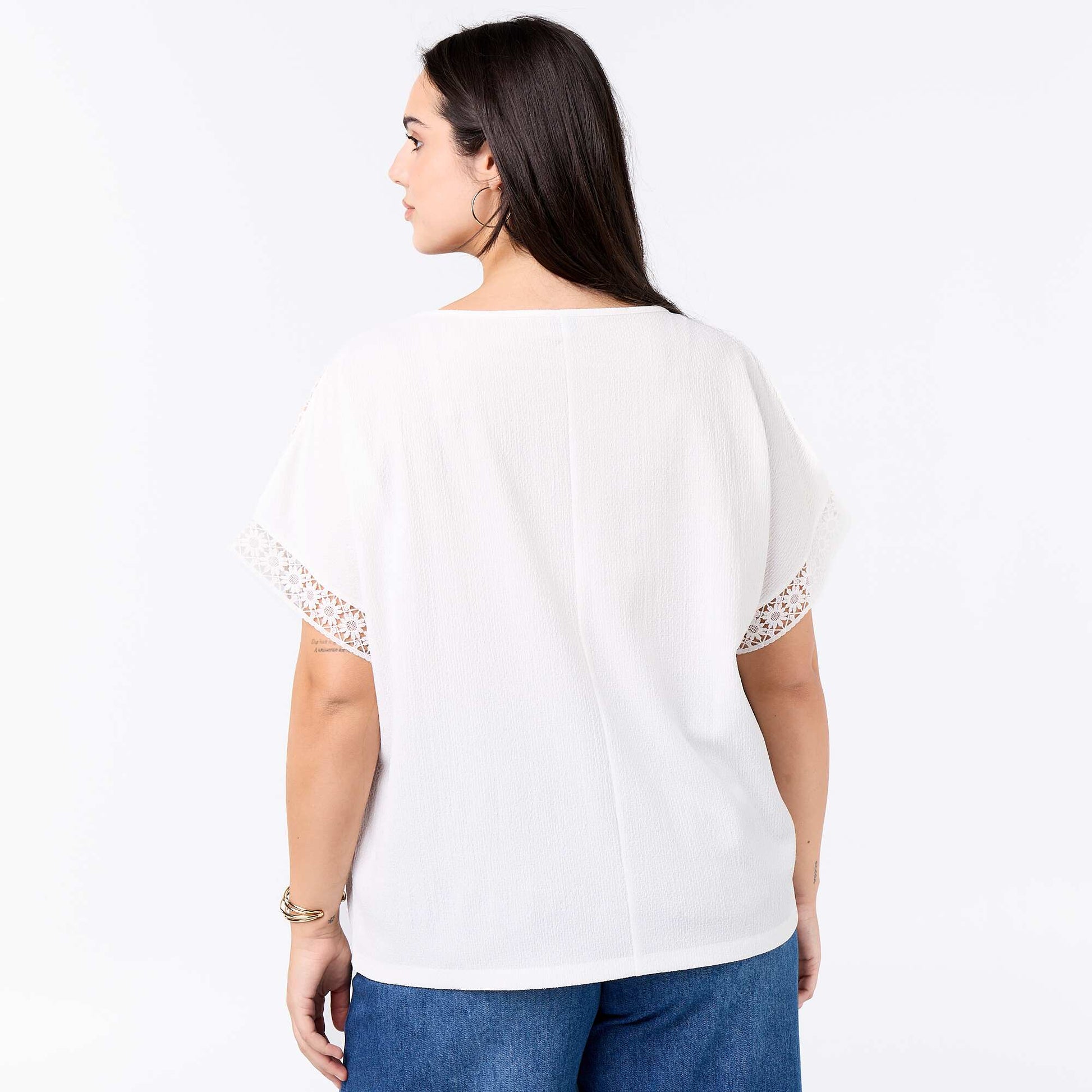 Solid T-shirt with Embroidered & Macramé Sleeves WHITE