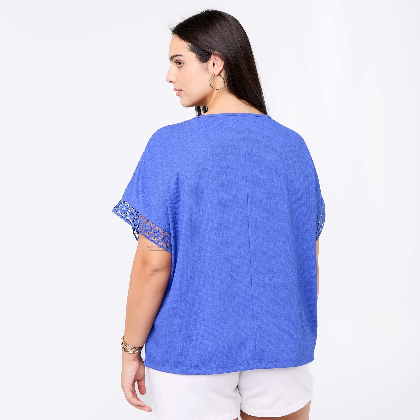 Solid T-shirt with Embroidered & Macramé Sleeves BLUE